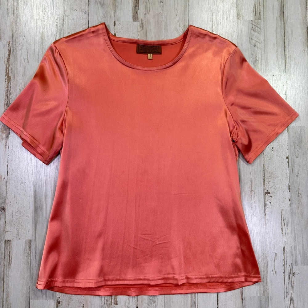 Double D Ranch Top Women Small Peach Silky Short Sleeve Western Vintage 90s
